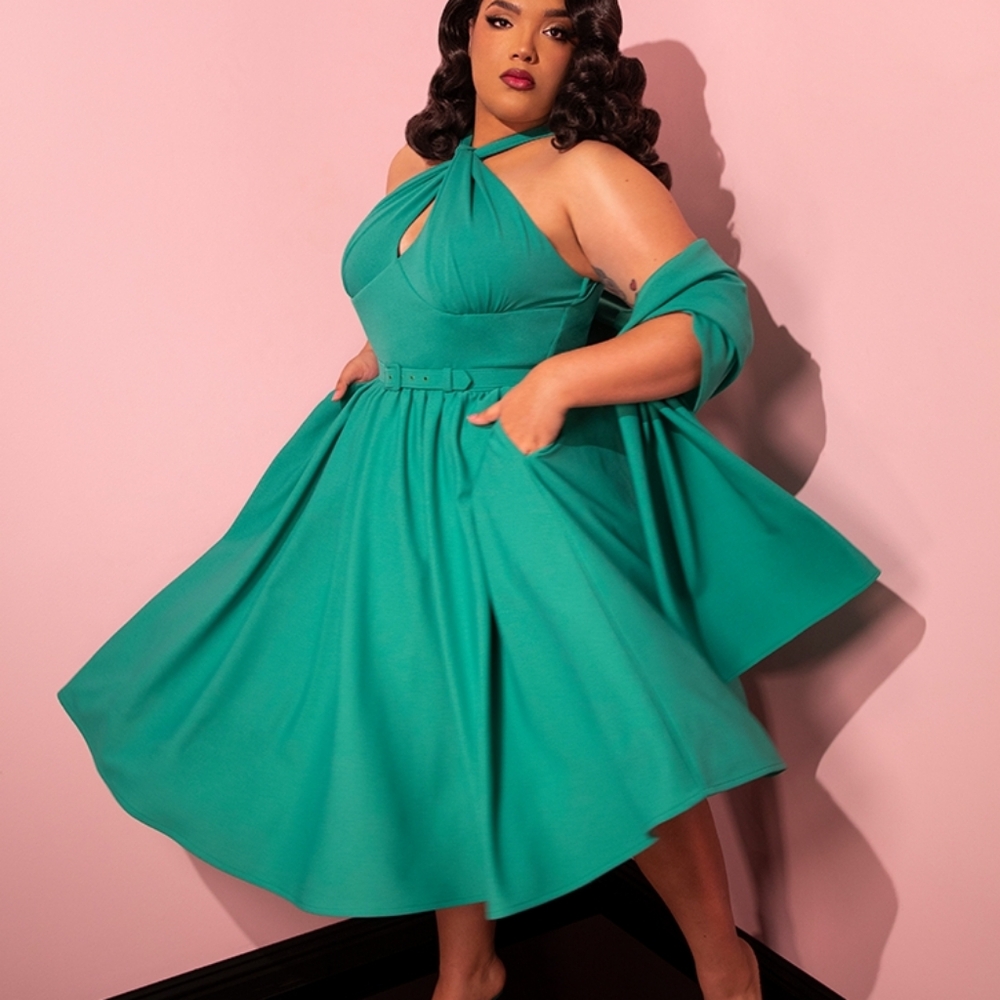 Vixen by Micheline Pitt Teal Halter Midi Dress with Belt